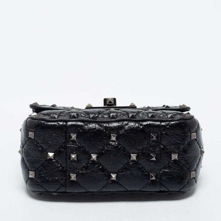 Pre Owned Valentino Black Leather Micro Rockstud Spike Top Handle Bag