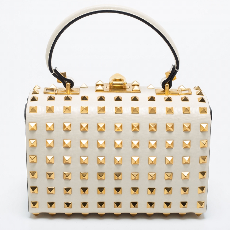 Pre Owned Valentino Off White Leather Rockstud Alcove Top Handle Bag