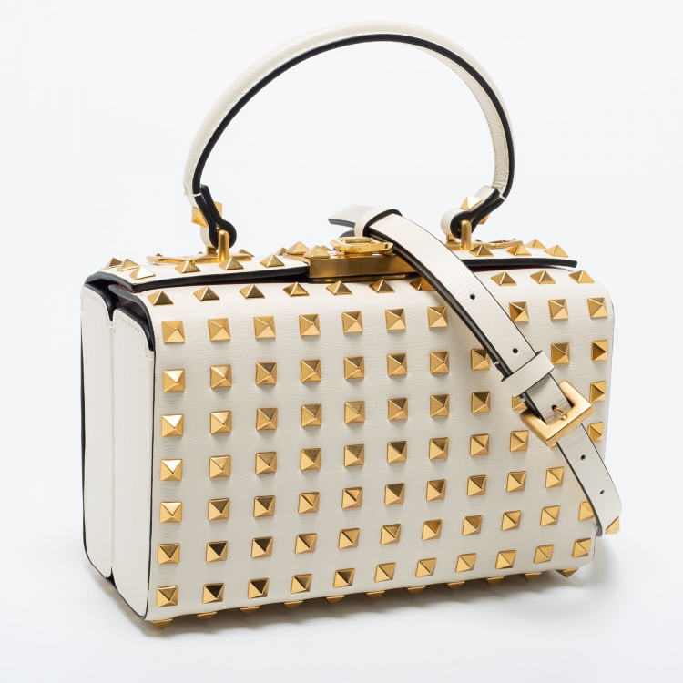 Pre Owned Valentino Off White Leather Rockstud Alcove Top Handle Bag