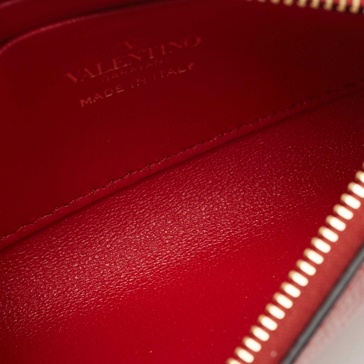 Pre Owned Valentino Red Leather Rockstud Twist Lock Zip Wallet 