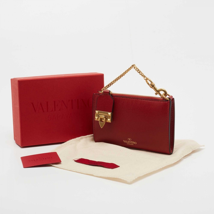 Pre Owned Valentino Red Leather Rockstud Twist Lock Zip Wallet 