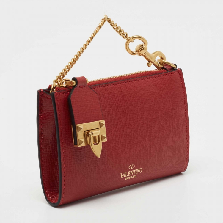 Pre Owned Valentino Red Leather Rockstud Twist Lock Zip Wallet 