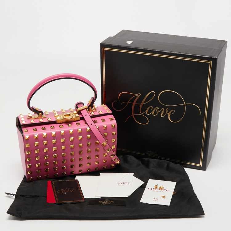 Pre Owned Valentino Pink Leather Rockstud Alcove Top Handle Bag
