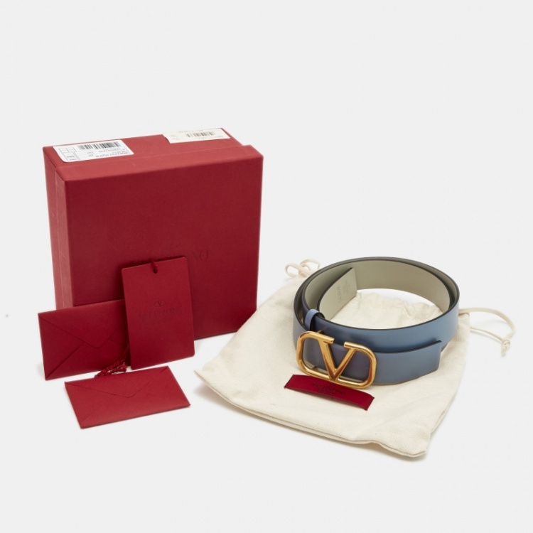 Pre Owned Valentino Blue/Grey Leather VLogo Reversible Belt 70CM