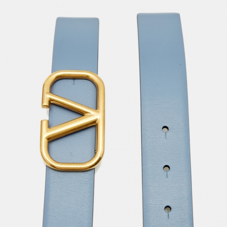 Pre Owned Valentino Blue/Grey Leather VLogo Reversible Belt 70CM