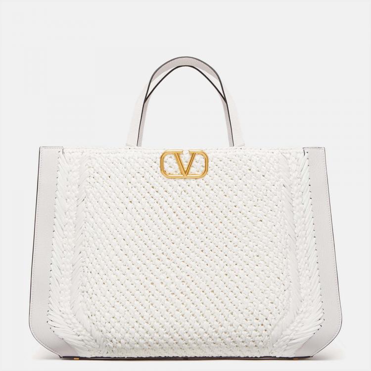 Valentino White Woven Raffia And Leather Vlogo Signature