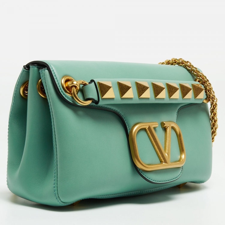 Pre Owned Valentino Mint Green Leather Stud Shoulder Bag