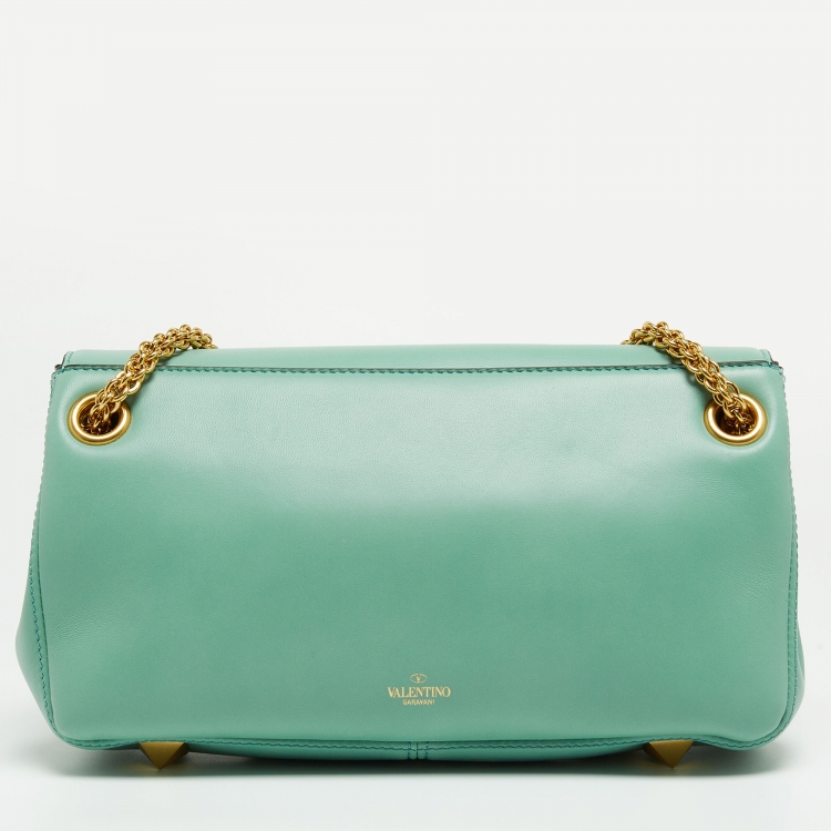 Pre Owned Valentino Mint Green Leather Stud Shoulder Bag