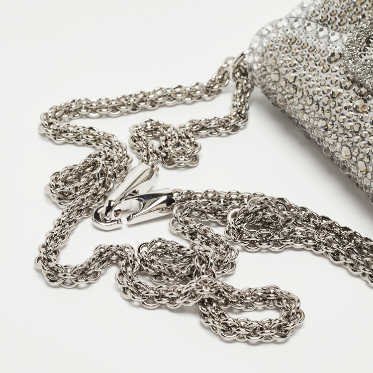 Pre Owned Valentino Grey/Metallic Suede and Leather Crystals VLogo Loco Baguette Bag