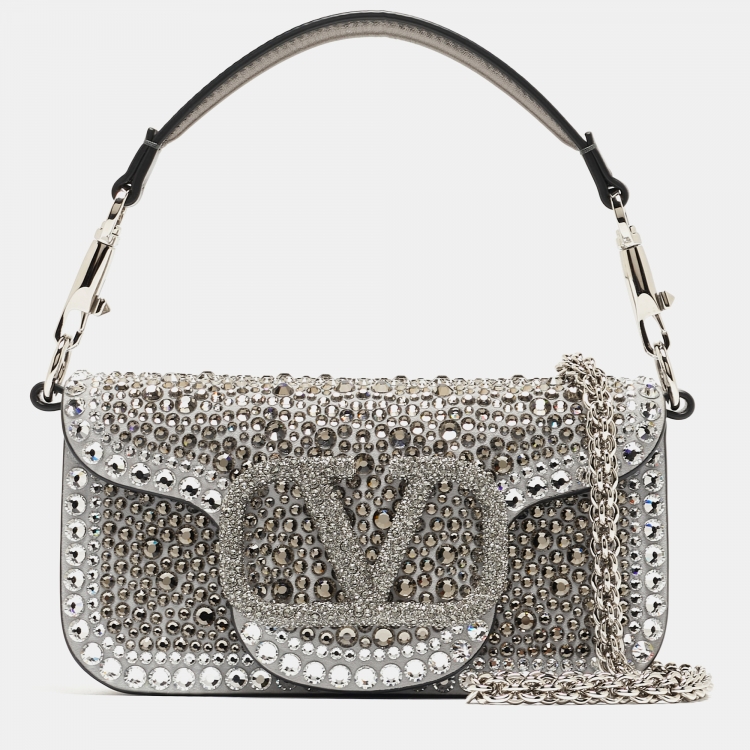 Pre Owned Valentino Grey/Metallic Suede and Leather Crystals VLogo Loco Baguette Bag