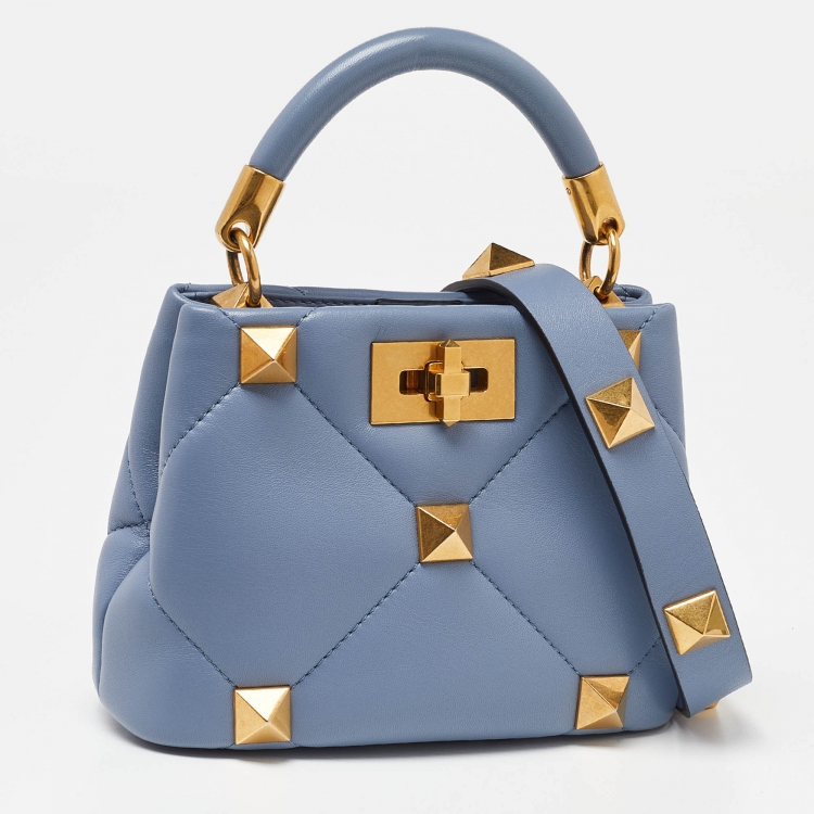 Pre Owned Valentino Blue Leather Small Roman Stud Top Handle Bag