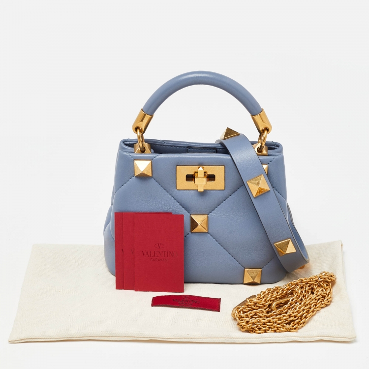 Pre Owned Valentino Blue Leather Small Roman Stud Top Handle Bag