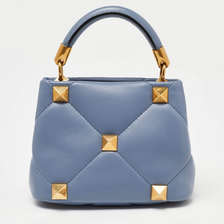 Pre Owned Valentino Blue Leather Small Roman Stud Top Handle Bag