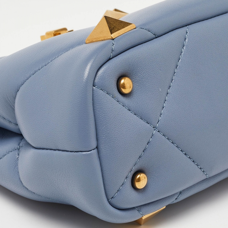 Pre Owned Valentino Blue Leather Small Roman Stud Top Handle Bag