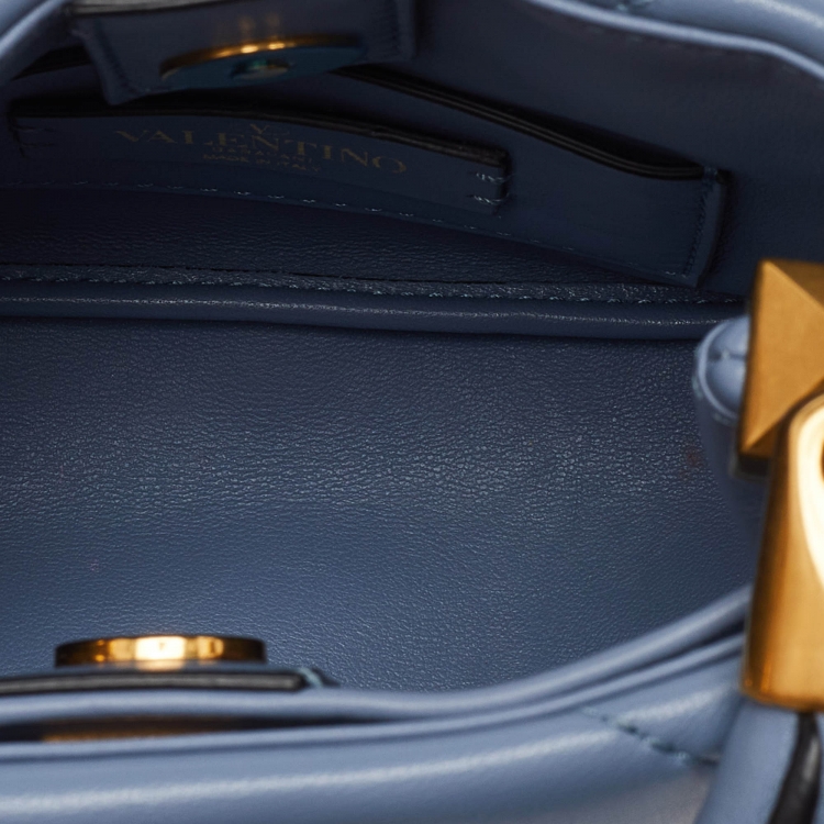 Pre Owned Valentino Blue Leather Small Roman Stud Top Handle Bag