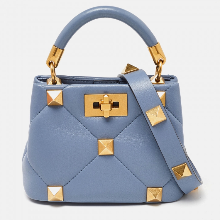 Pre Owned Valentino Blue Leather Small Roman Stud Top Handle Bag
