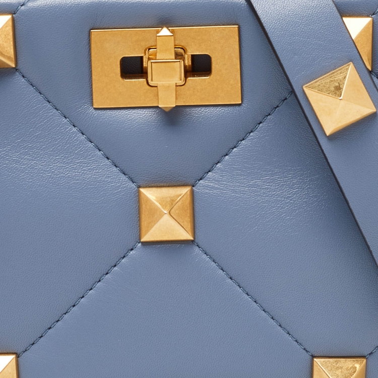 Pre Owned Valentino Blue Leather Small Roman Stud Top Handle Bag