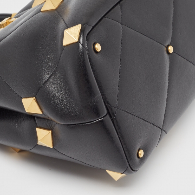 Pre Owned Valentino Black Quilted Leather Medium Roman Stud Top Handle Bag
