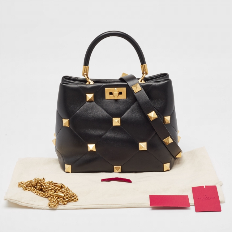 Pre Owned Valentino Black Quilted Leather Medium Roman Stud Top Handle Bag