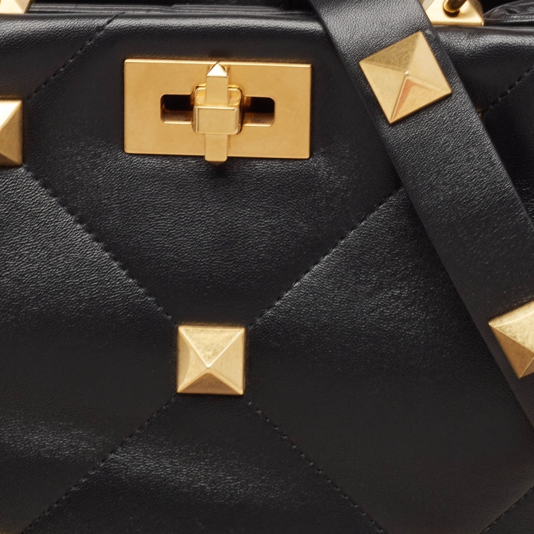 Pre Owned Valentino Black Quilted Leather Medium Roman Stud Top Handle Bag
