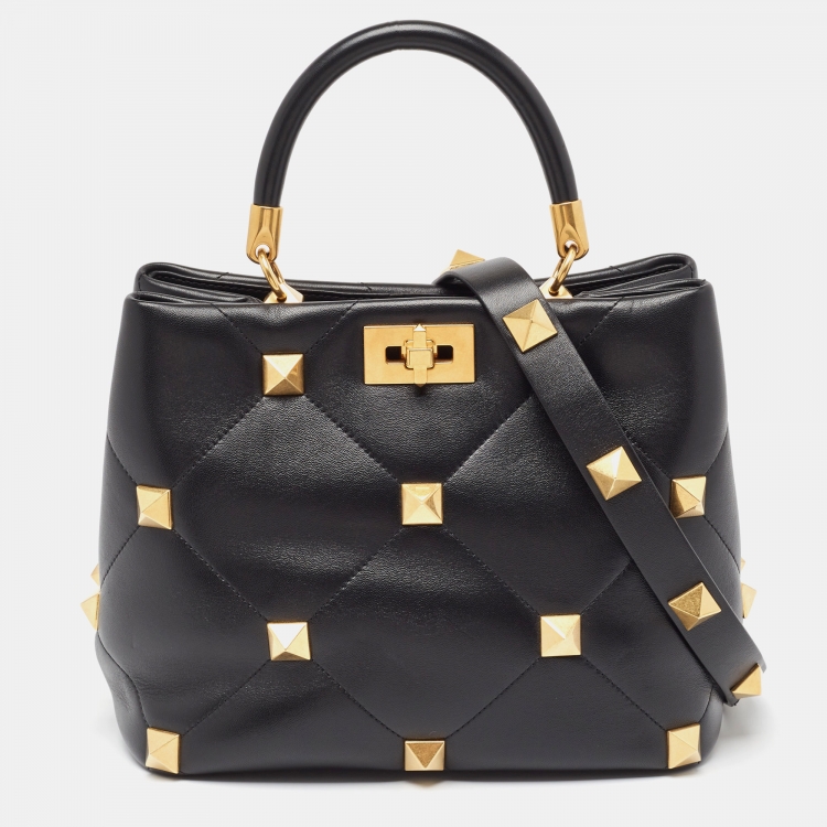 Pre Owned Valentino Black Quilted Leather Medium Roman Stud Top Handle Bag
