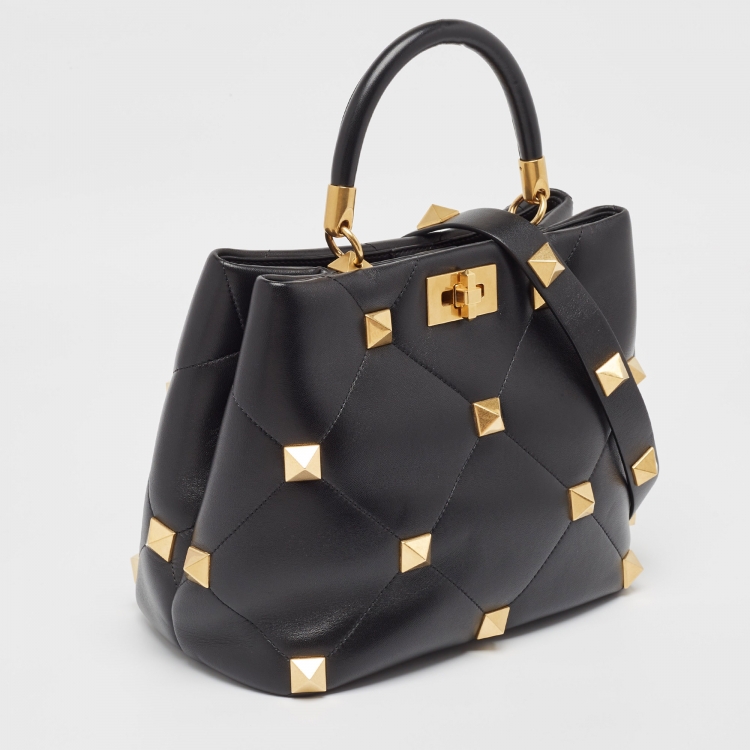 Pre Owned Valentino Black Quilted Leather Medium Roman Stud Top Handle Bag