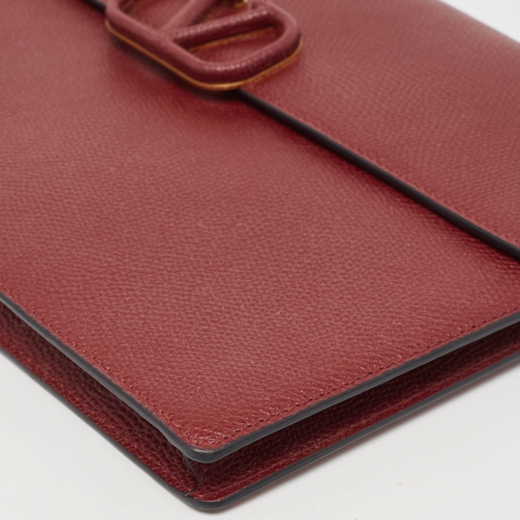 Pre Owned Valentino Burgundy Leather Large VLogo Flat Pouch