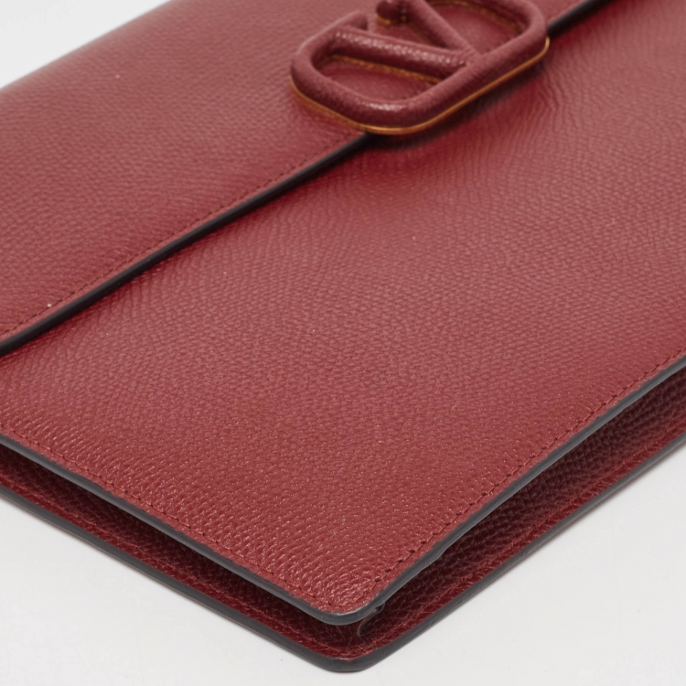 Pre Owned Valentino Burgundy Leather Large VLogo Flat Pouch
