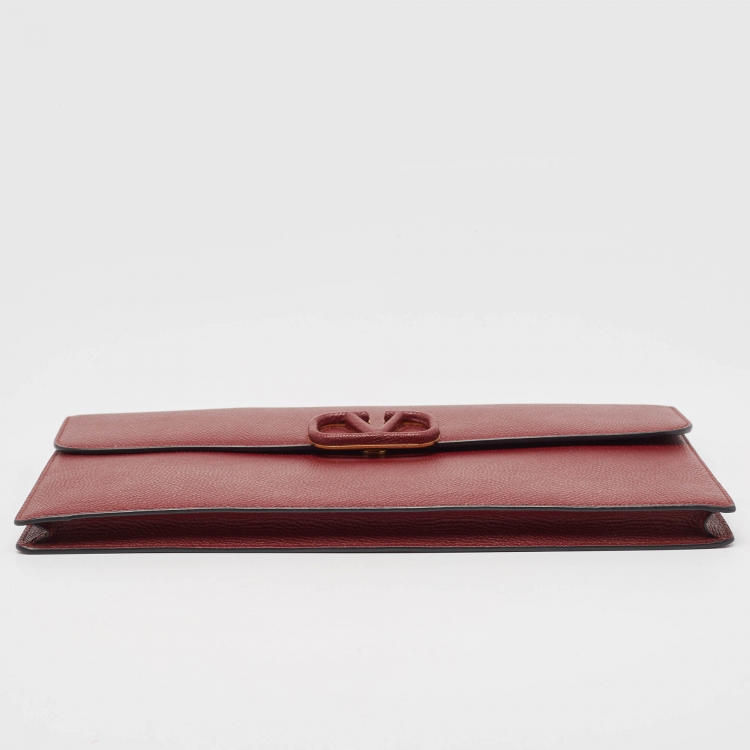 Pre Owned Valentino Burgundy Leather Large VLogo Flat Pouch