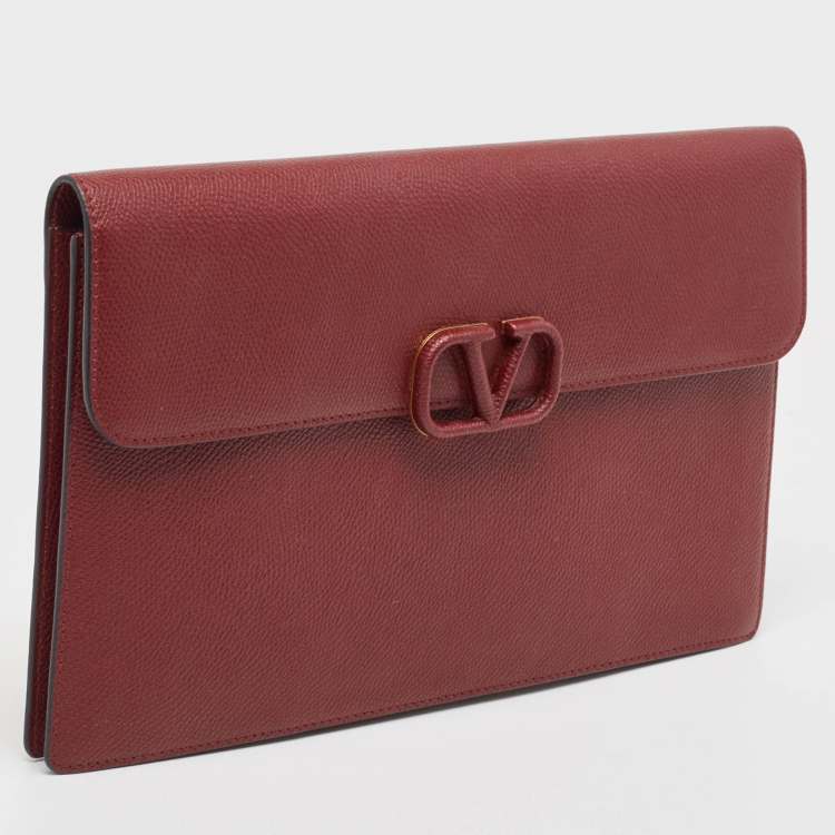 Pre Owned Valentino Burgundy Leather Large VLogo Flat Pouch