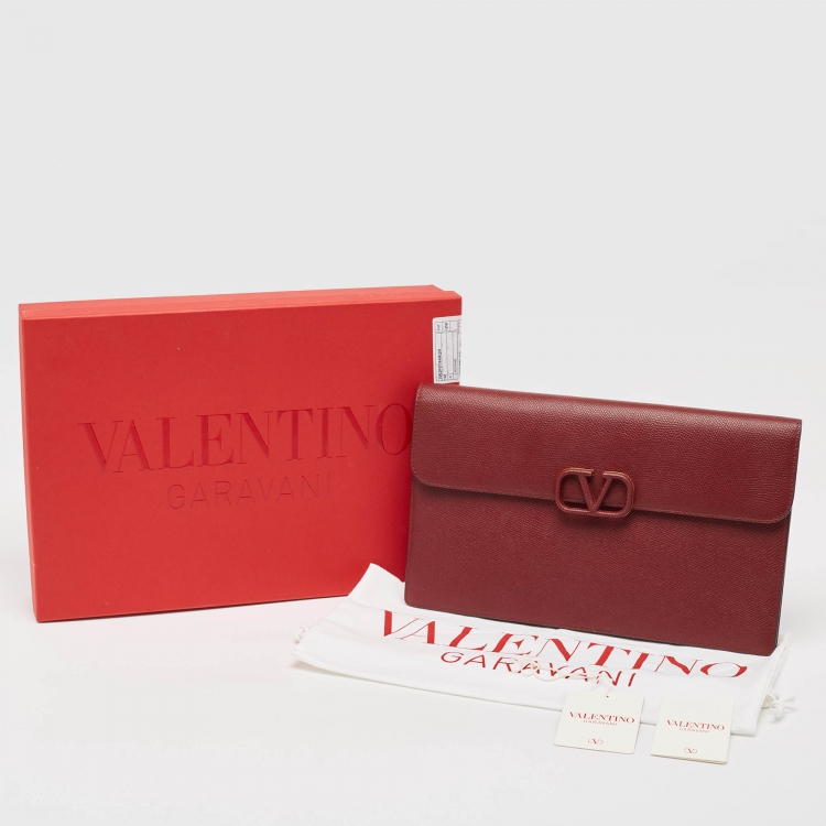 Pre Owned Valentino Burgundy Leather Large VLogo Flat Pouch