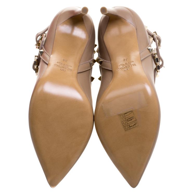 Pre Owned Valentino Beige Leather Rockstud Pointed Toe Ankle Boots Size 38
