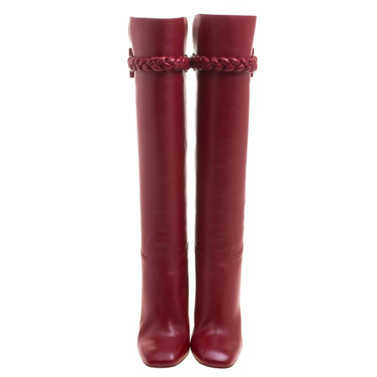 Pre Owned Valentino Red Leather Braided Over the Knee Boots Size 36