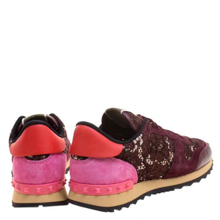 Pre Owned Valentino Burgundy Leather and Macramé Lace Sneakers Size 39