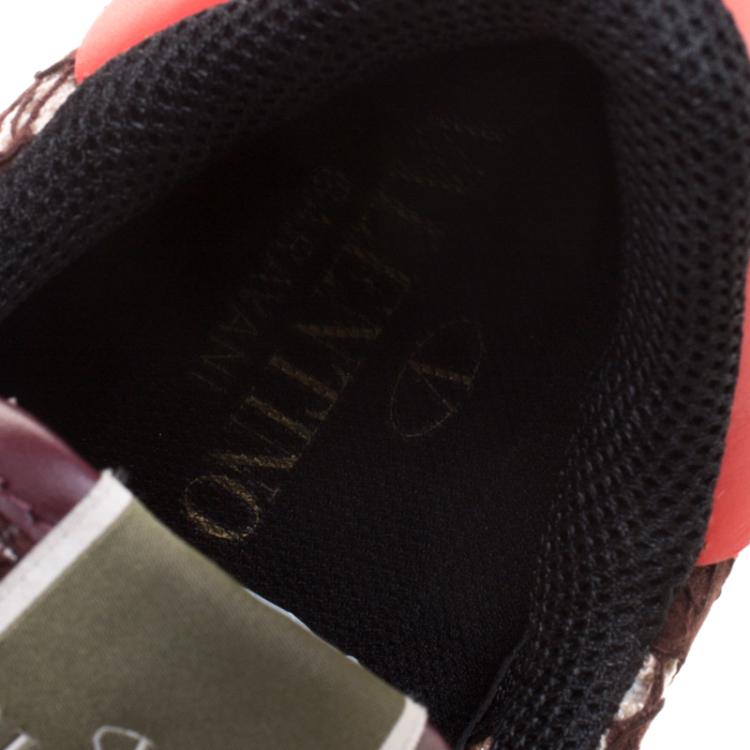 Pre Owned Valentino Burgundy Leather and Macramé Lace Sneakers Size 39
