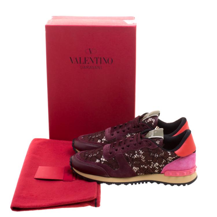 Pre Owned Valentino Burgundy Leather and Macramé Lace Sneakers Size 39