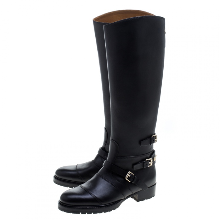Pre Owned Valentino Black Leather Rockstud Strap Knee Length Biker Boots Size 37