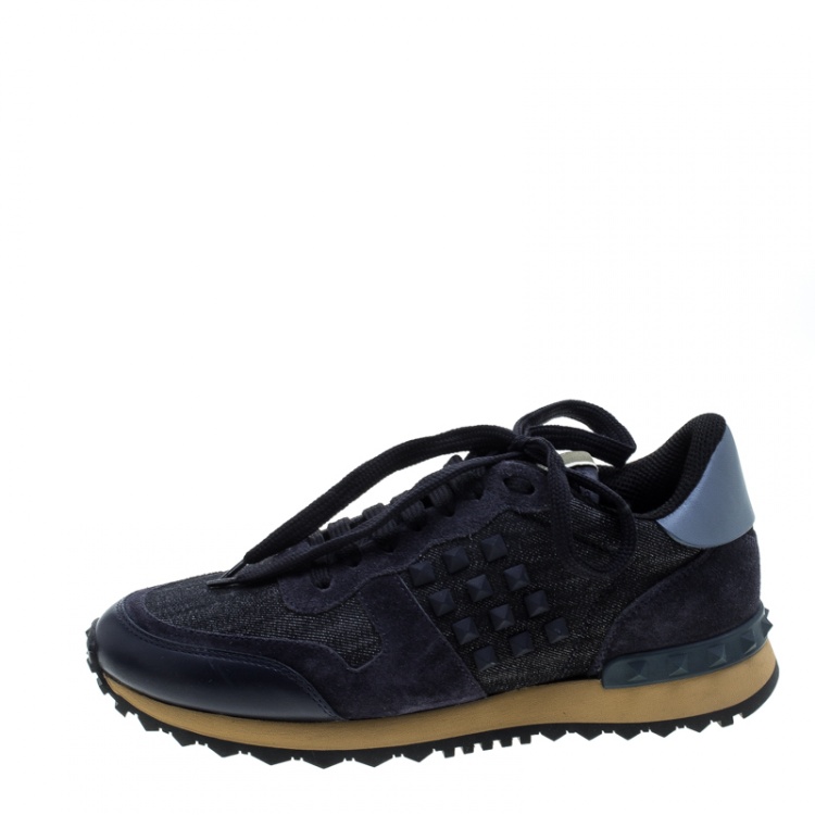 Pre Owned Valentino Dark Wash Denim and Suede Rockstud Sneakers Size 36.5