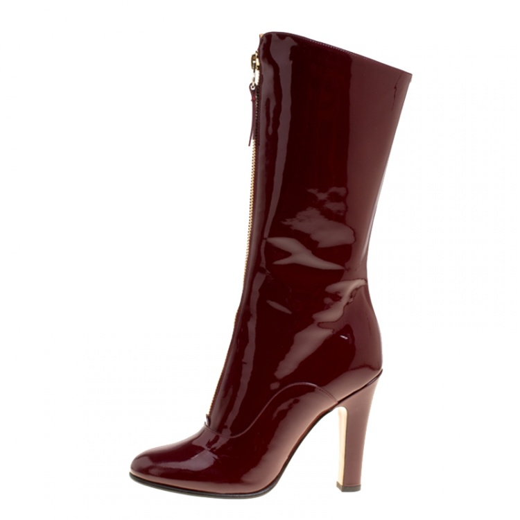Pre Owned Valentino Crimson Red Patent Leather Zip Detail Mid Calf Boots Size 38