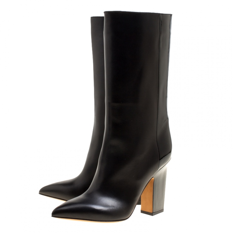 Pre Owned Valentino Black Leather Mid Calf Pointed Toe Boots Size 36