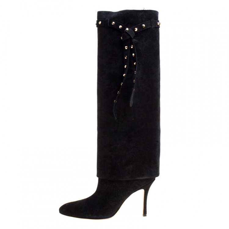 Pre Owned Valentino Black Suede Rockstud Tie Foldover Knee Length Boots Size 37