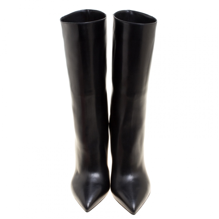 Pre Owned Valentino Black Leather Mid Calf Pointed Toe Boots Size 39.5
