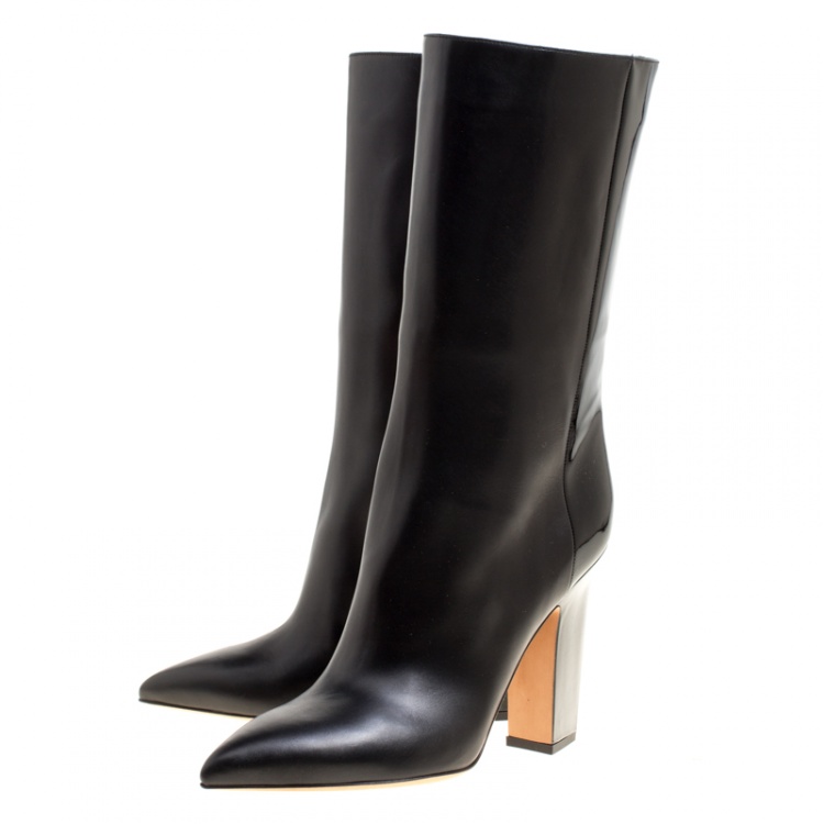 Pre Owned Valentino Black Leather Mid Calf Pointed Toe Boots Size 39.5