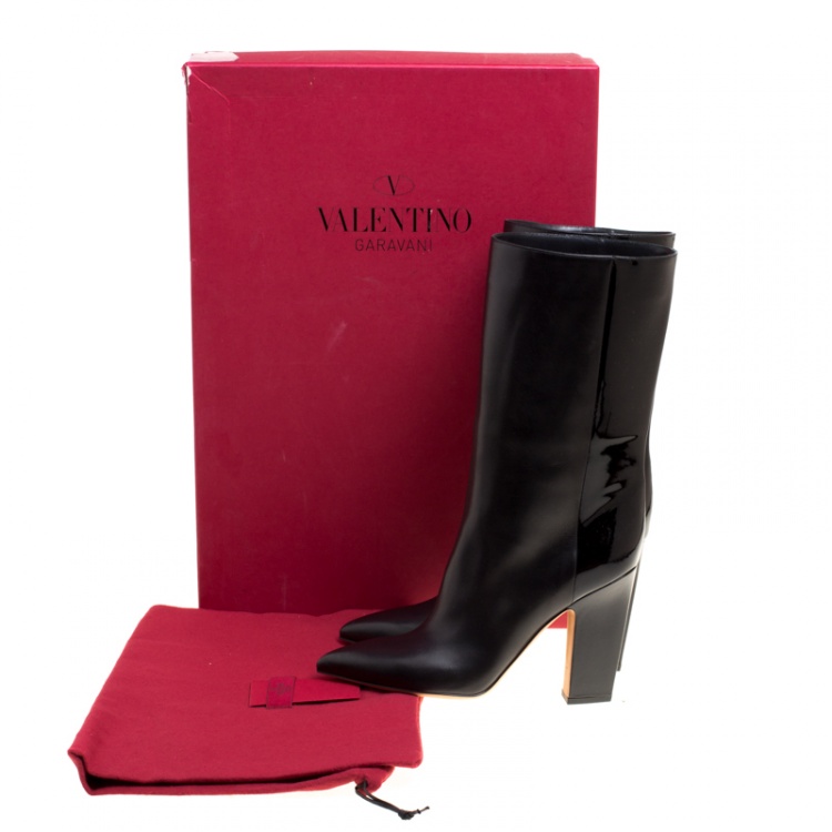 Pre Owned Valentino Black Leather Mid Calf Pointed Toe Boots Size 39.5