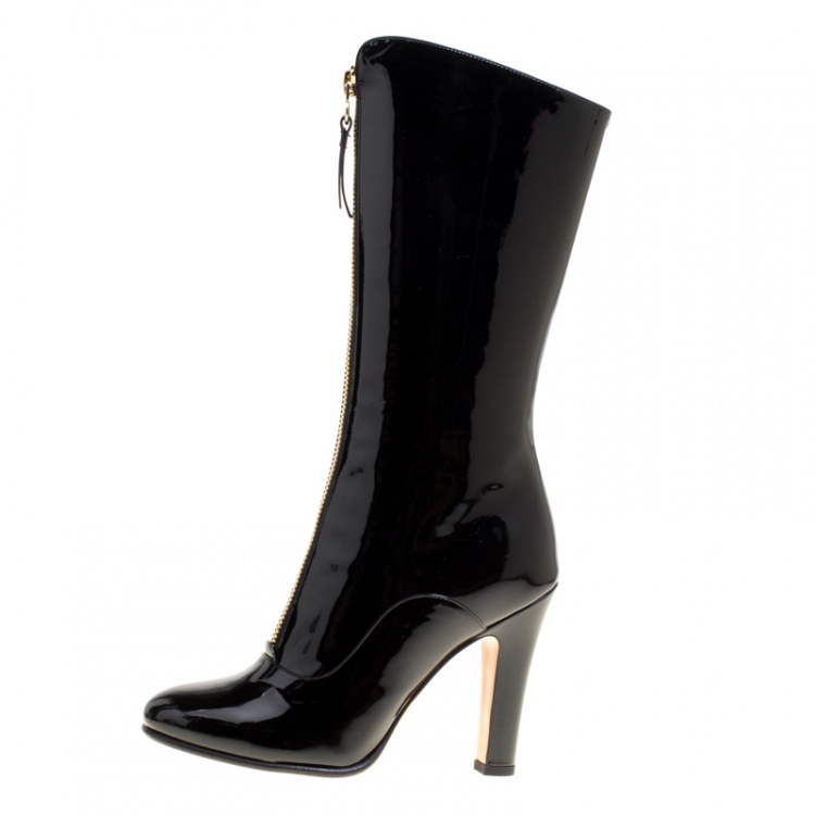 Pre Owned Valentino Black Patent Leather Zip Detail Mid Calf Boots Size 37