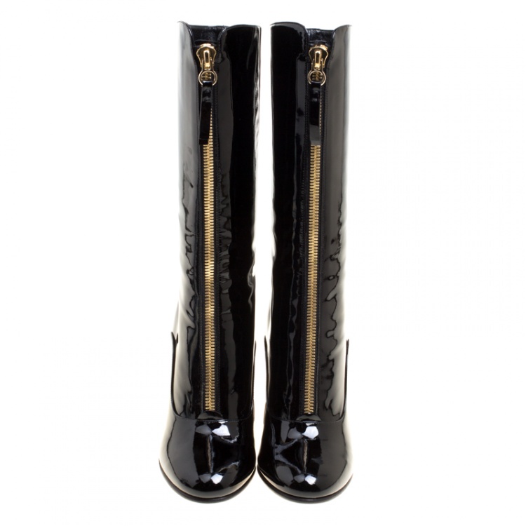 Pre Owned Valentino Black Patent Leather Zip Detail Mid Calf Boots Size 37