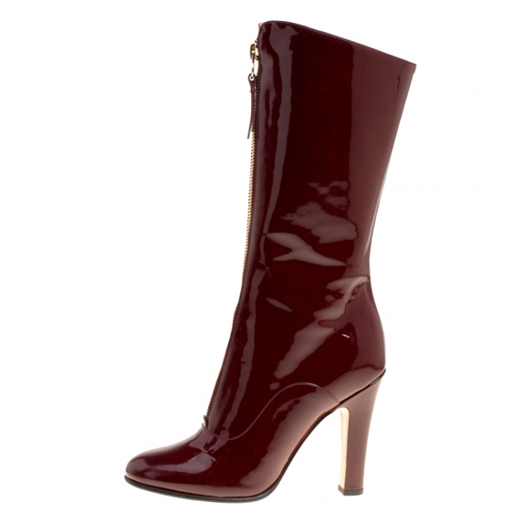 Pre Owned Valentino Crimson Red Patent Leather Zip Detail Mid Calf Boots Size 36