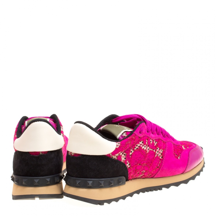Pre Owned Valentino Fuchsia Pink Leather and Macramé Lace Sneakers Size 37