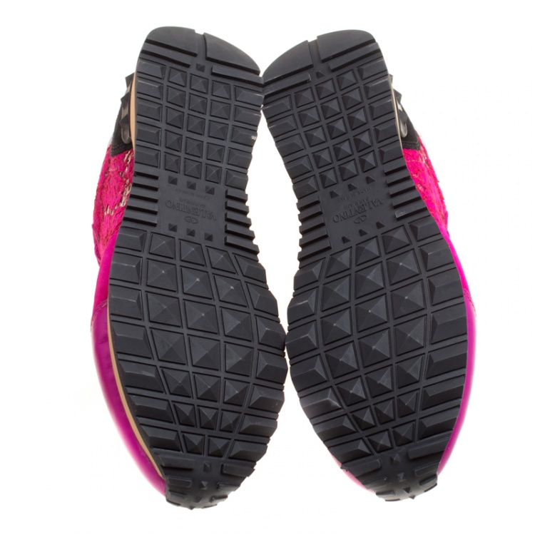 Pre Owned Valentino Fuchsia Pink Leather and Macramé Lace Sneakers Size 37