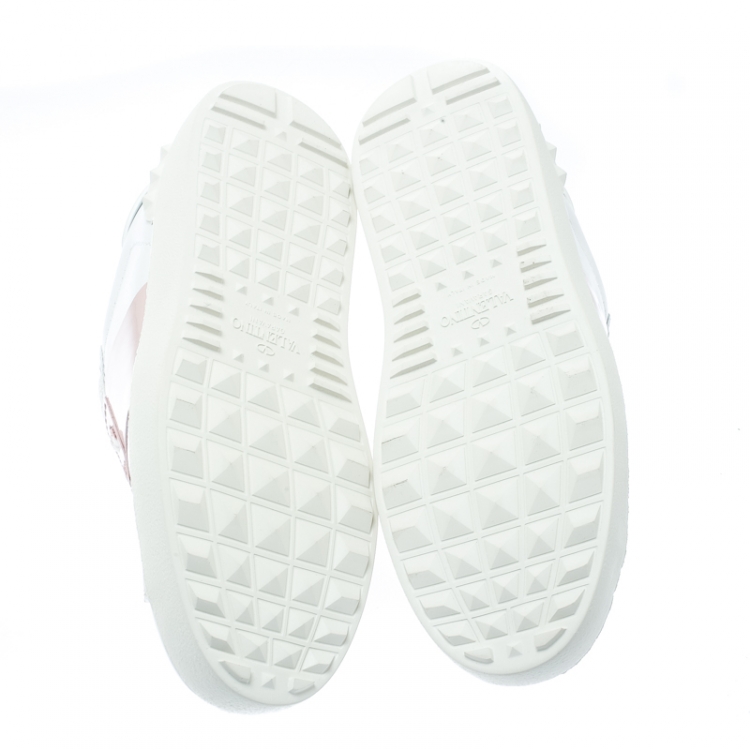 Pre Owned Valentino White and Blush Pink Band Leather Open Low Top Sneakers Size 36